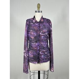 Anthropologie Pilcro Gathered Mesh Blouse Top Large Stretchy Purple Long Sleeved